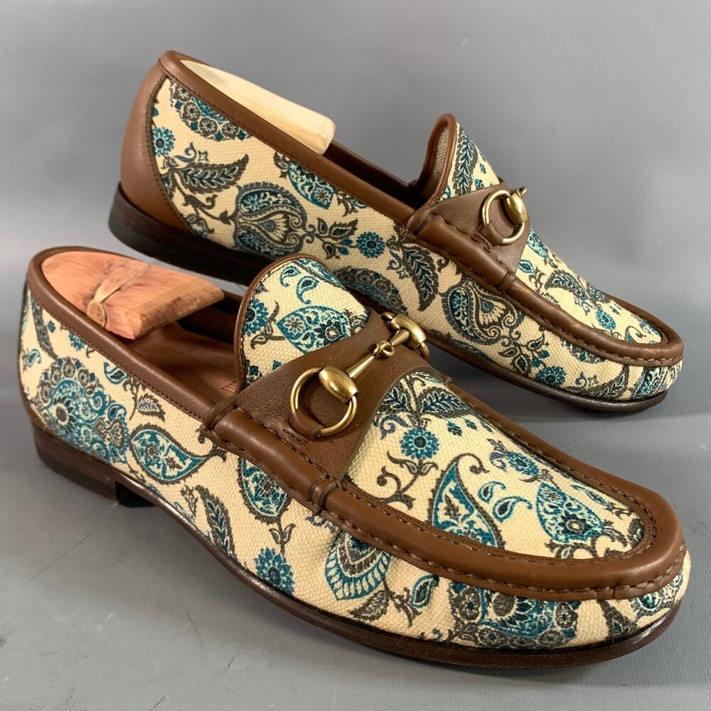 GUCCI Size 6.5 Cream Brown & Teal Paisley Mixed Fabrics Horsebit Loafers